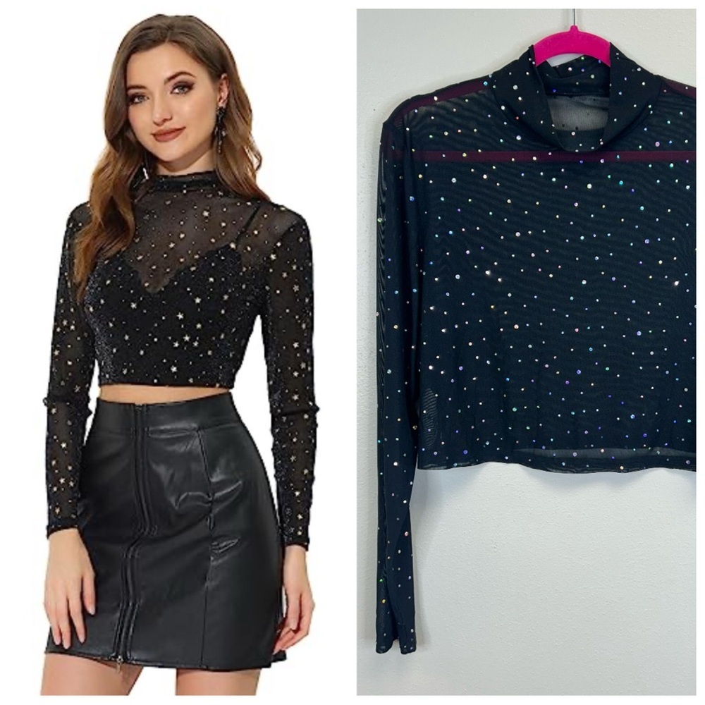 Black Sparkle Mesh Long Sleeve Crop Top XL 1X Whimsigoth Disco Sparkly Clubwear